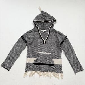 Vintage Havana Fringe Trim Baja Hoodie L Black Cream Patterned Pullover